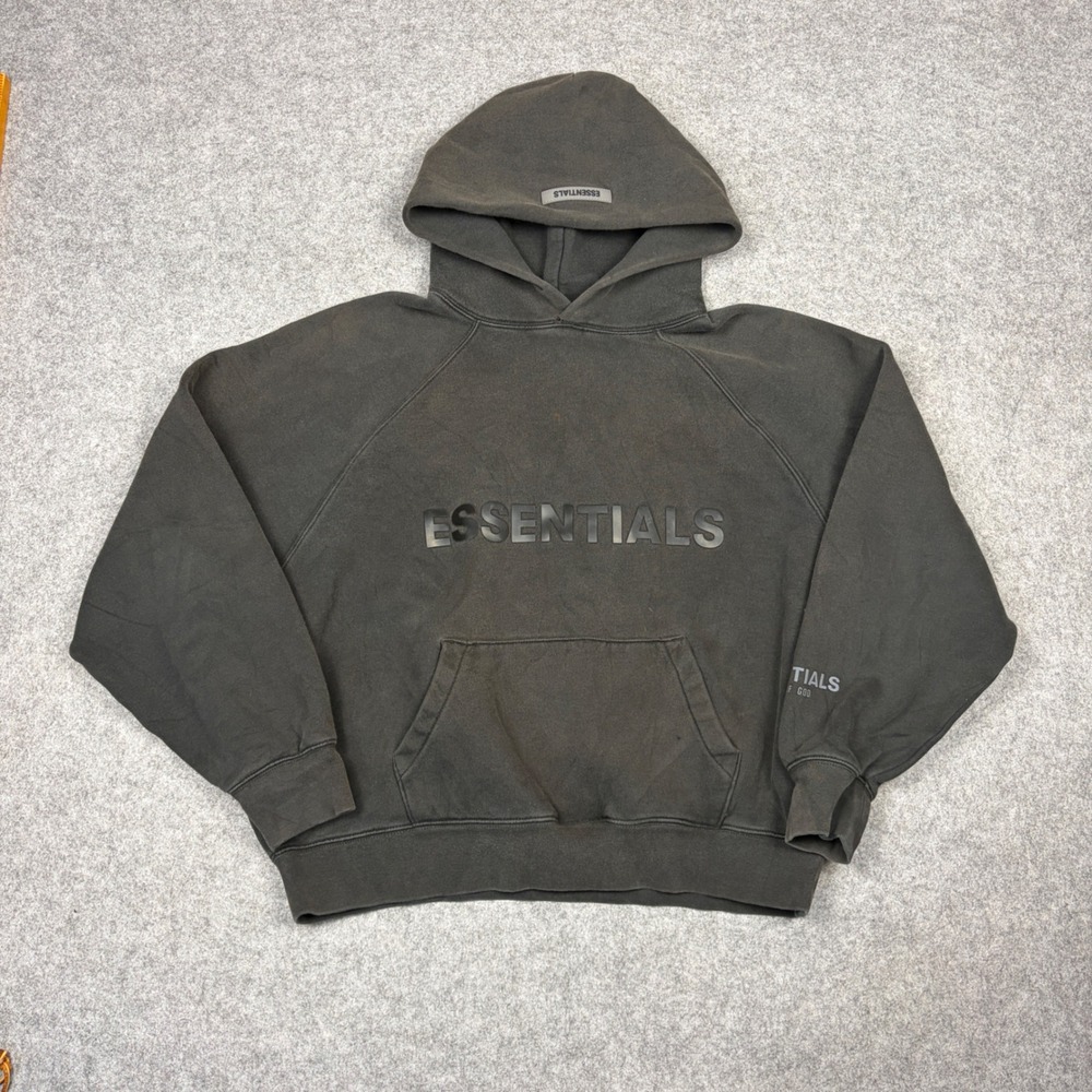 Fear of God Essentials Hoodie Washed Black Charcoal Grey Logo Pullover Mens S
